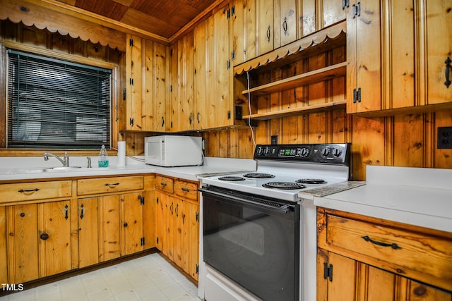 kitchen featuring range with electric stovetop, sink, and wooden walls