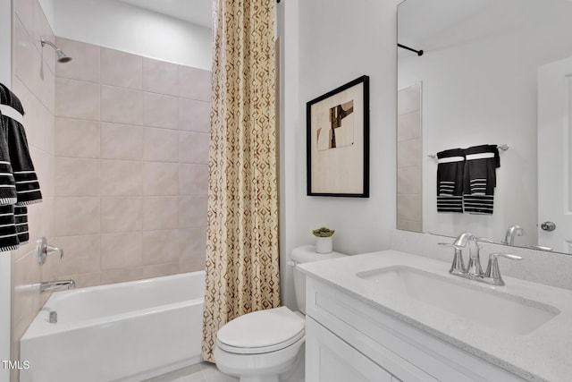 full bathroom featuring toilet, shower / bath combination with curtain, and vanity