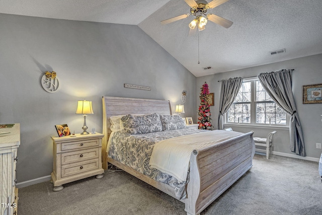 carpeted bedroom featuring ceiling fan, vaulted ceiling, and a textured ceiling