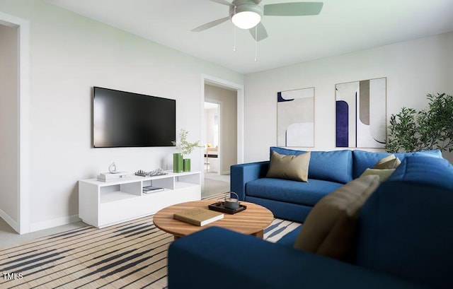 living room featuring ceiling fan and carpet floors