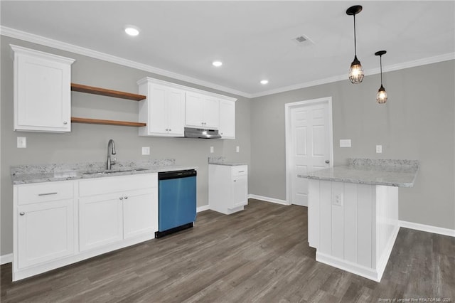 kitchen with white cabinets, sink, dark hardwood / wood-style floors, kitchen peninsula, and stainless steel dishwasher