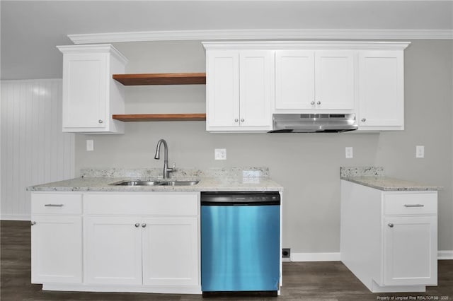 kitchen with dark hardwood / wood-style floors, dishwashing machine, sink, light stone countertops, and white cabinets