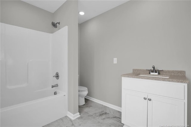 full bathroom with toilet, vanity, and shower / bath combination