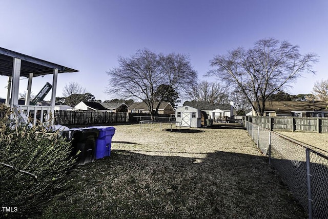 view of yard with a trampoline and a storage shed