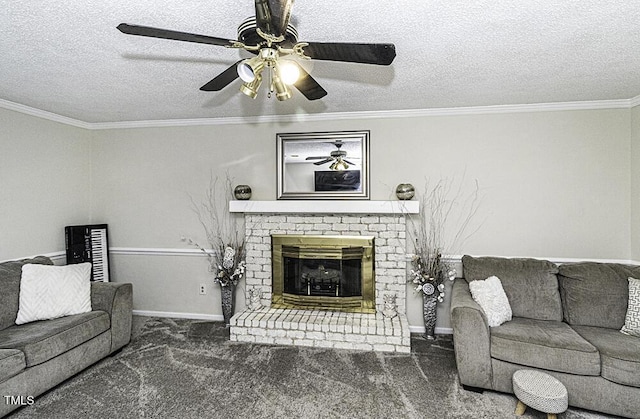 carpeted living room with a brick fireplace, crown molding, a textured ceiling, and ceiling fan