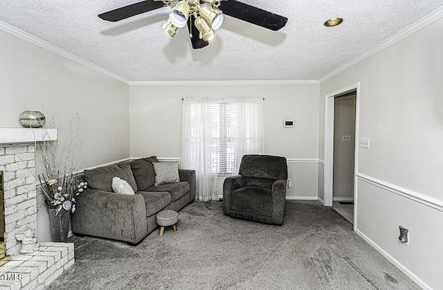 living room with crown molding, a brick fireplace, carpet flooring, and a textured ceiling