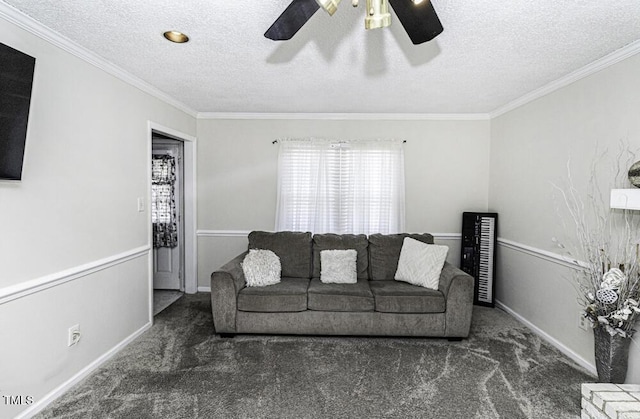 living room with dark colored carpet, ornamental molding, and a textured ceiling