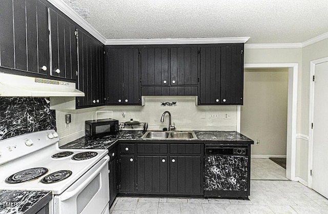 kitchen with sink, crown molding, black appliances, a textured ceiling, and backsplash