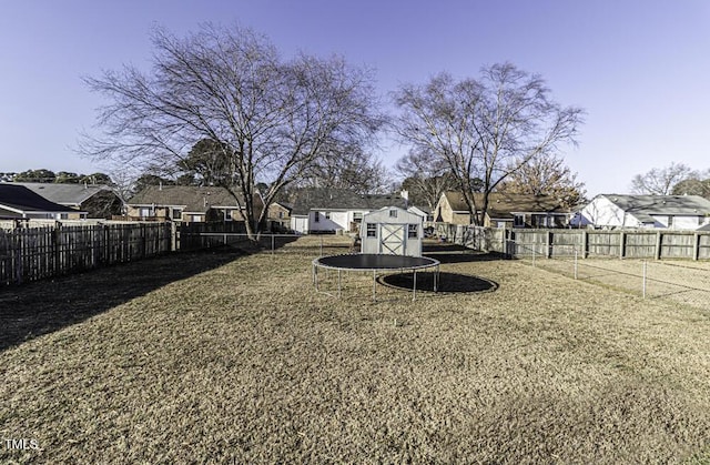 view of yard featuring a trampoline and a shed