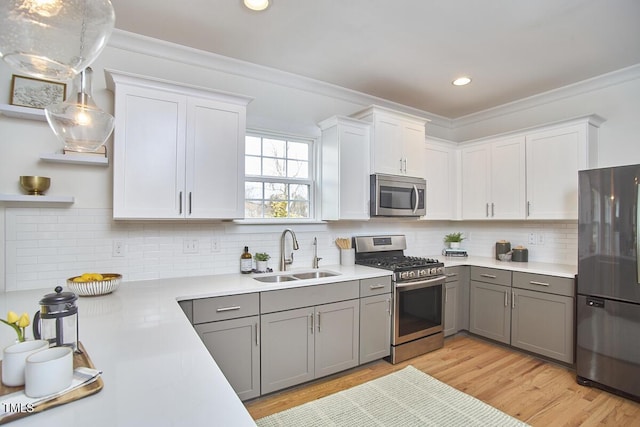 kitchen with appliances with stainless steel finishes, gray cabinets, a sink, and ornamental molding