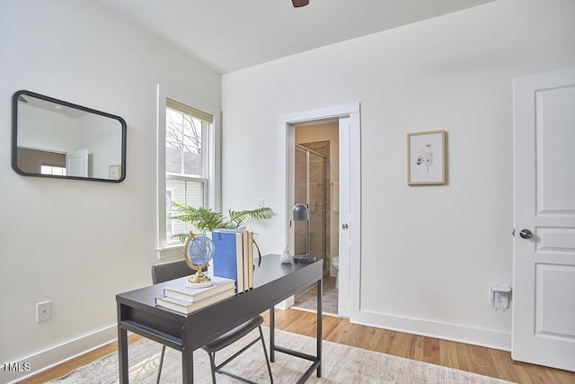 office space with ceiling fan, baseboards, and wood finished floors