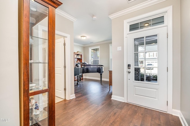 entryway featuring crown molding and dark wood-type flooring