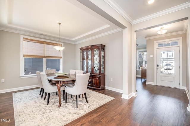 dining area featuring dark wood-type flooring and ornamental molding