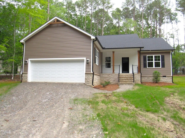 122 Beaver Trl, Littleton, NC 27850 - ranch-style home with driveway, covered porch, a garage, stone siding, and a shingled roof