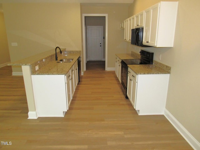 122 Beaver Trl, Littleton, NC 27850 - kitchen featuring electric range oven, black microwave, baseboards, light wood finished floors, and a sink