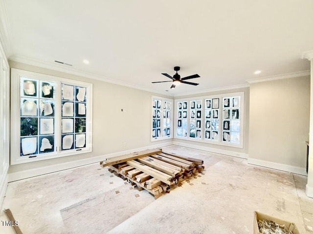 interior space featuring ornamental molding and ceiling fan