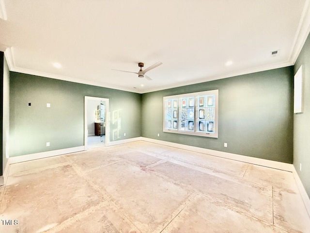 unfurnished room featuring ornamental molding and ceiling fan