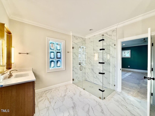 bathroom featuring an enclosed shower, ornamental molding, and vanity