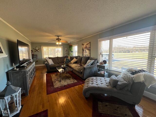 living room with ceiling fan, a textured ceiling, dark hardwood / wood-style flooring, and crown molding