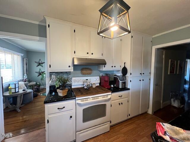 kitchen with tasteful backsplash, dark hardwood / wood-style floors, white electric range oven, ornamental molding, and white cabinets