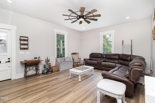 living room with ceiling fan and wood-type flooring