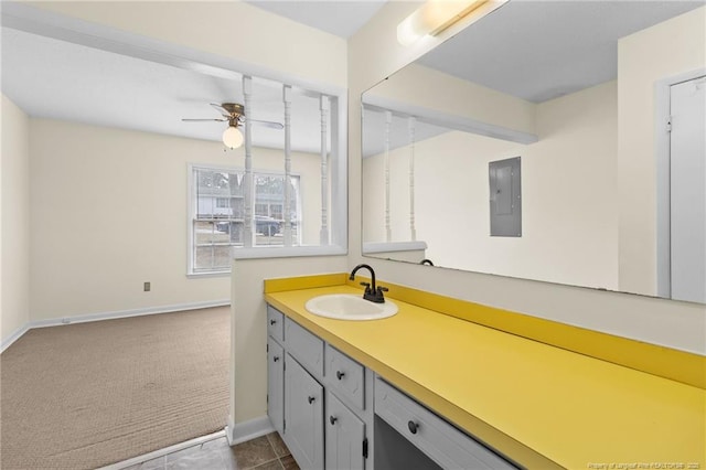 bathroom featuring vanity, electric panel, and ceiling fan