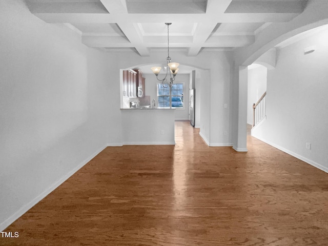 interior space with a chandelier, coffered ceiling, beamed ceiling, and dark hardwood / wood-style floors