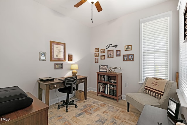 home office featuring ceiling fan and light wood-type flooring