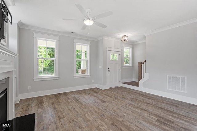 2905 Cammie St, Durham, NC 27705 - unfurnished living room featuring wood finished floors, stairway, crown molding, a fireplace, and ceiling fan