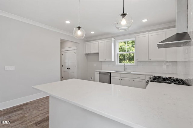 2905 Cammie St, Durham, NC 27705 - kitchen with wall chimney range hood, stainless steel dishwasher, ornamental molding, backsplash, and light countertops