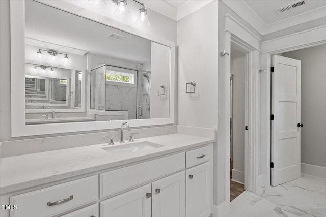 2905 Cammie St, Durham, NC 27705 - full bath featuring a marble finish shower, vanity, and marble finish flooring