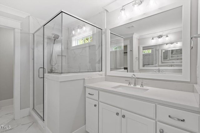 2905 Cammie St, Durham, NC 27705 - full bath featuring marble look tile flooring, vanity, and a stall shower