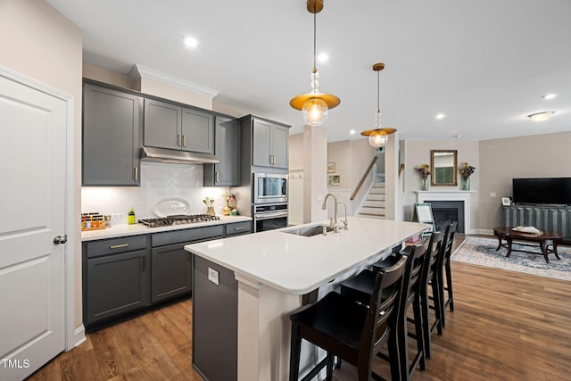 kitchen with stainless steel appliances, sink, hanging light fixtures, a kitchen island with sink, and gray cabinetry