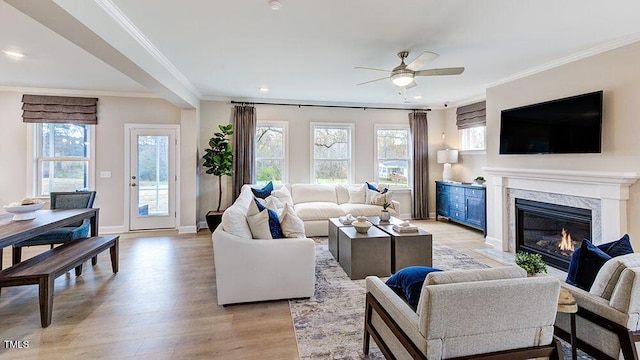 living room featuring ceiling fan, light wood-type flooring, a premium fireplace, and crown molding