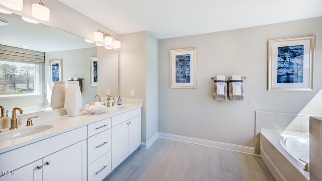 bathroom with a bathing tub, wood-type flooring, and vanity