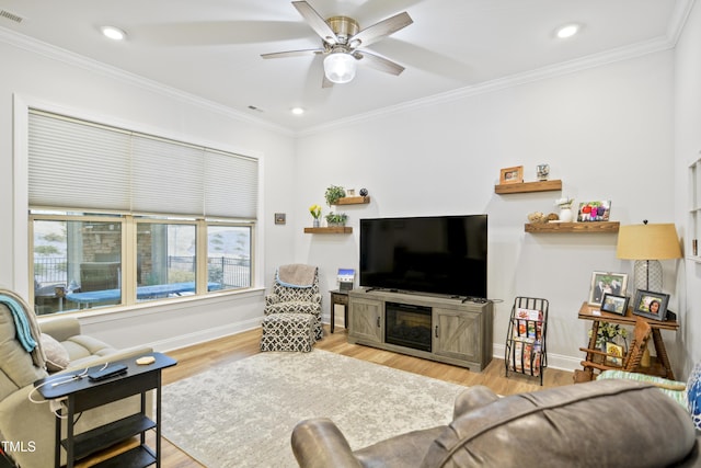 living room featuring ceiling fan, light hardwood / wood-style flooring, and ornamental molding