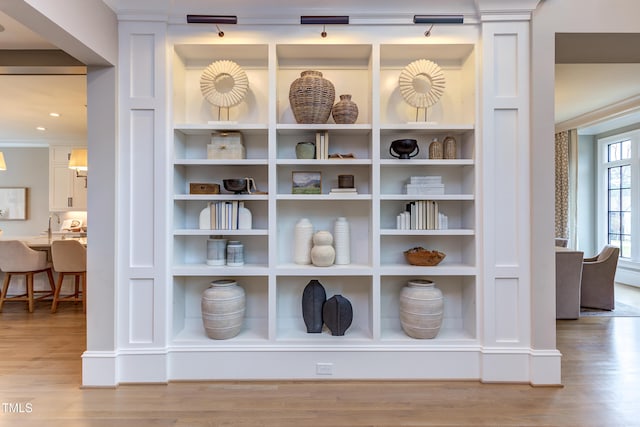 interior details featuring hardwood / wood-style floors and built in shelves