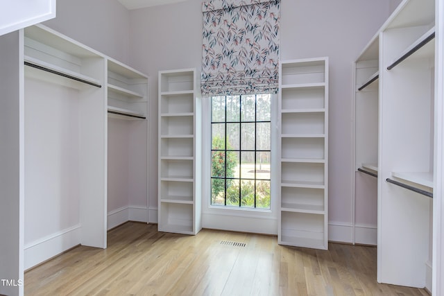 walk in closet with light hardwood / wood-style floors