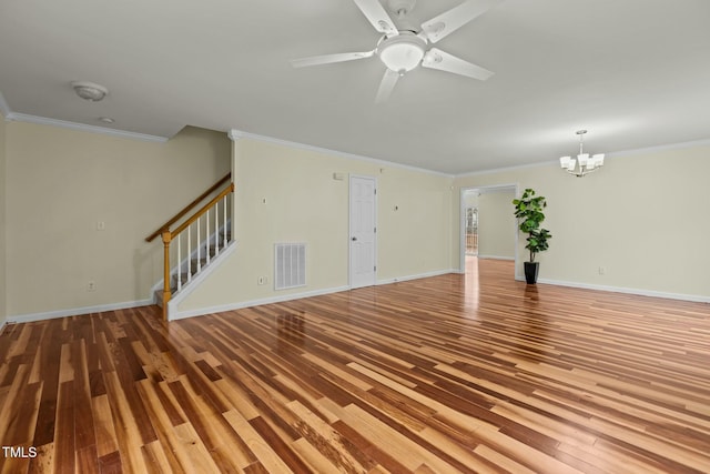 unfurnished living room featuring crown molding, wood-type flooring, and ceiling fan with notable chandelier