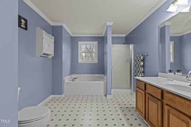 full bathroom featuring crown molding, plus walk in shower, vanity, and toilet