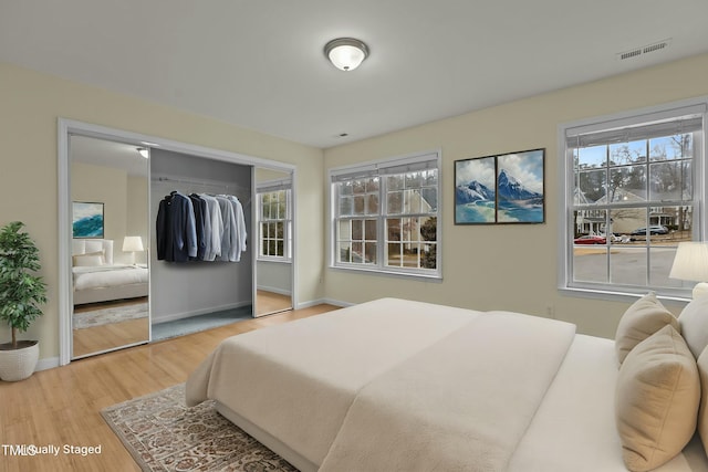 bedroom featuring wood-type flooring and a closet