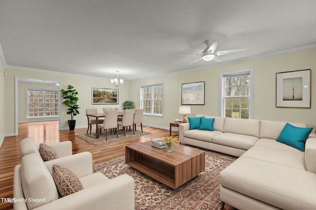 living room with crown molding, ceiling fan with notable chandelier, and hardwood / wood-style flooring