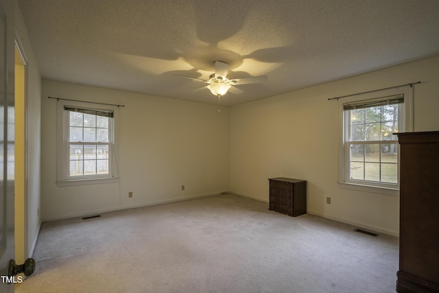 carpeted spare room with ceiling fan, a textured ceiling, and a wealth of natural light