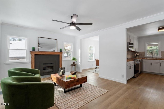 living room featuring ceiling fan, ornamental molding, sink, and light hardwood / wood-style flooring