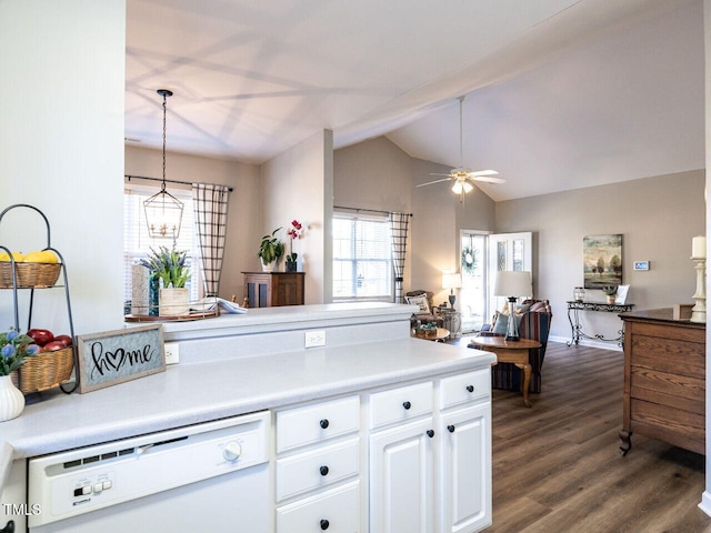 kitchen with white cabinets, open floor plan, dark wood-style flooring, hanging light fixtures, and white dishwasher