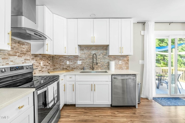 kitchen with sink, backsplash, white cabinets, ventilation hood, and stainless steel appliances