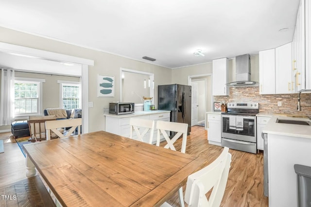 kitchen with tasteful backsplash, wall chimney range hood, white cabinets, sink, and stainless steel appliances