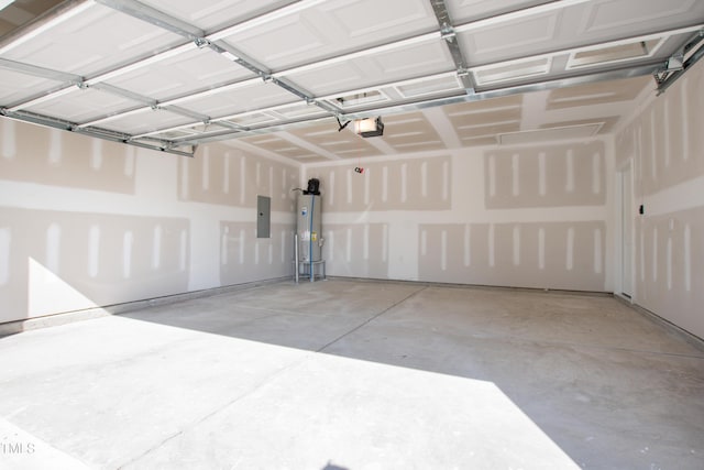 garage with water heater, a garage door opener, and electric panel