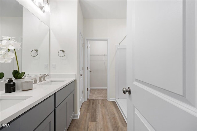 bathroom with vanity and wood-type flooring