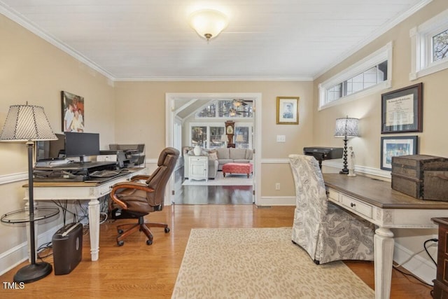 home office with crown molding and light hardwood / wood-style floors